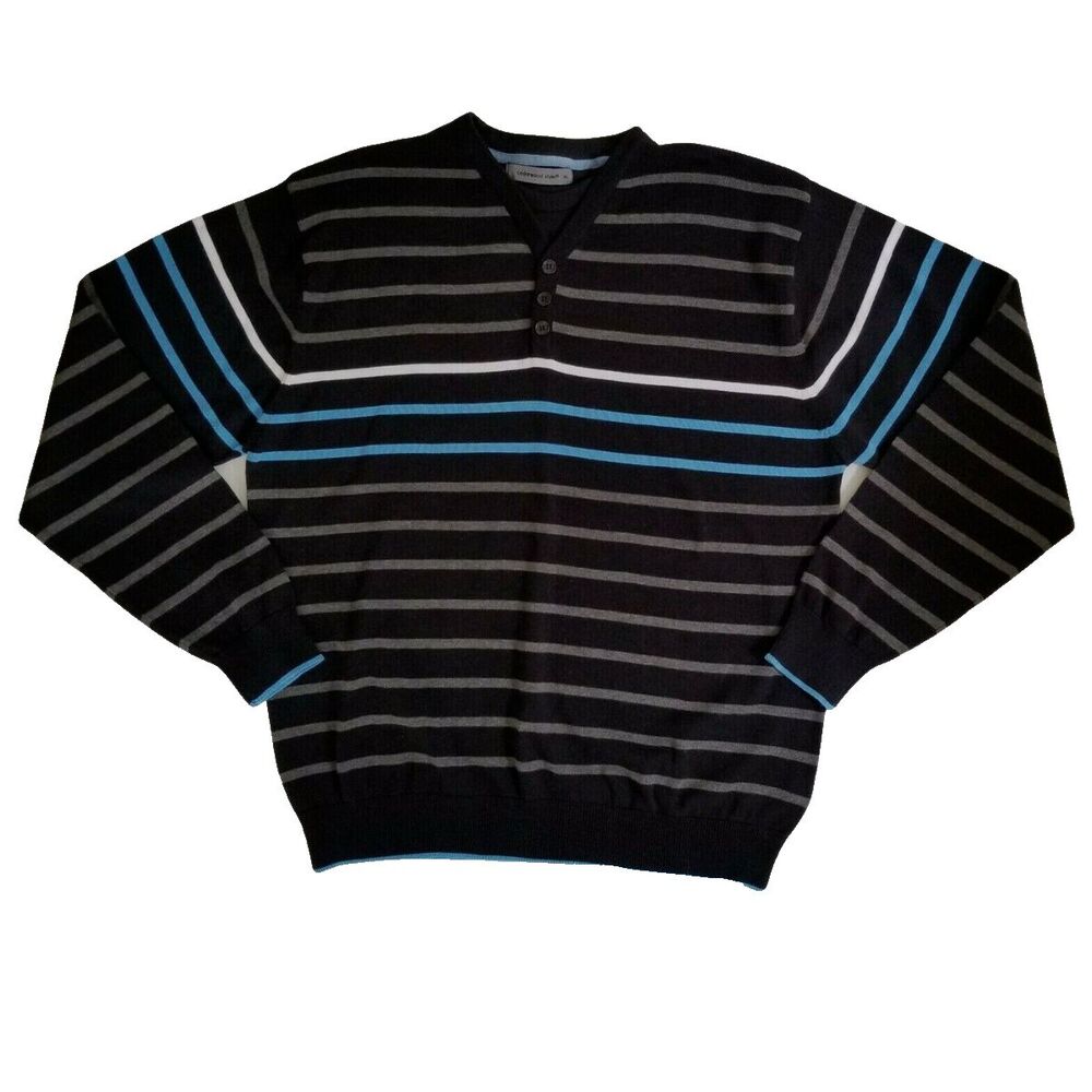 Cedarwood State Sweater Men XL Black Striped Henley Mock Neck Layered Look